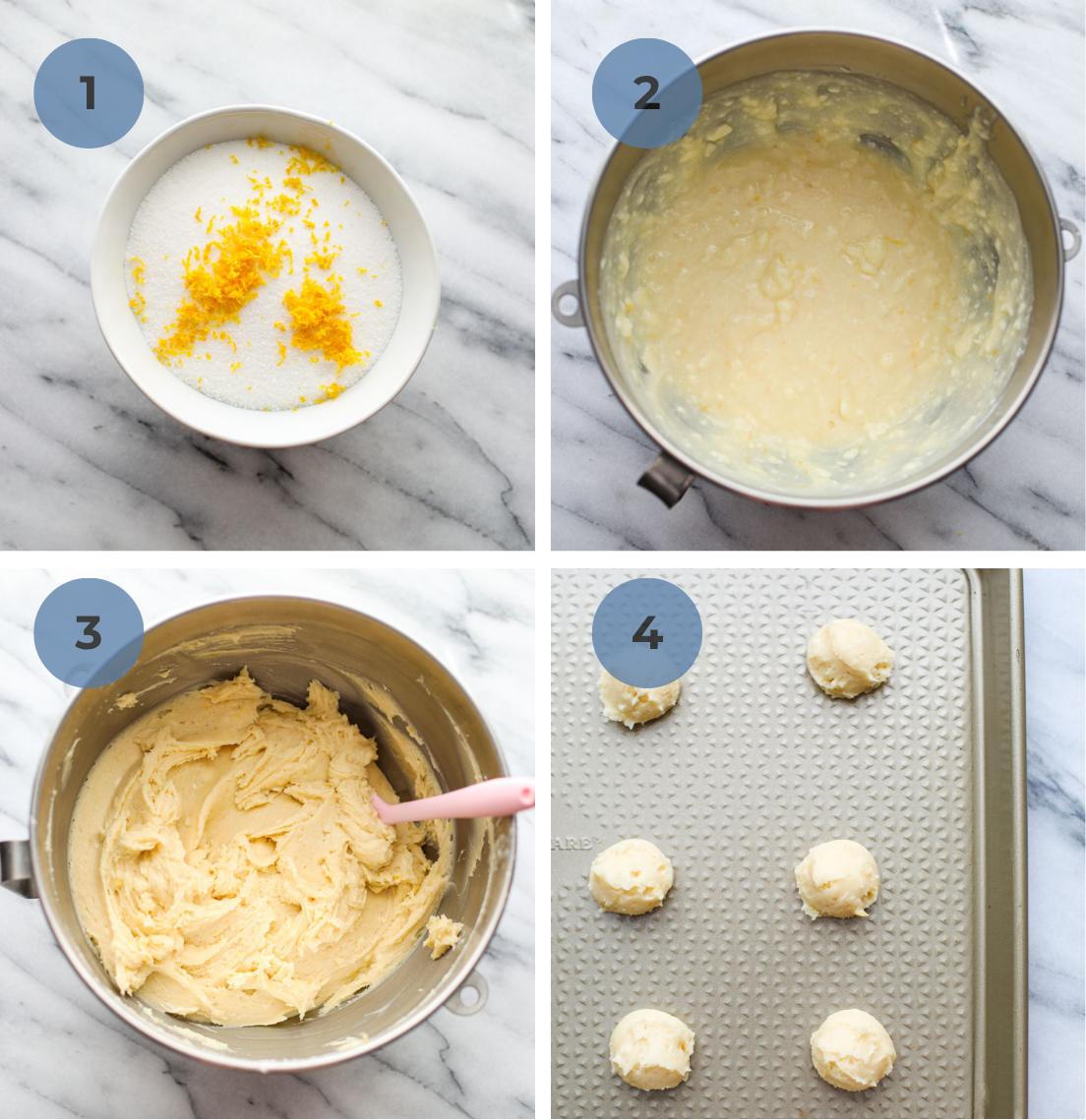 Steps to make ricotta cookies including rubbing lemon zest in the sugar, adding wet ingredients, adding dry ingredients and scooping 1 tablespoon balls on a gold cookie sheet.