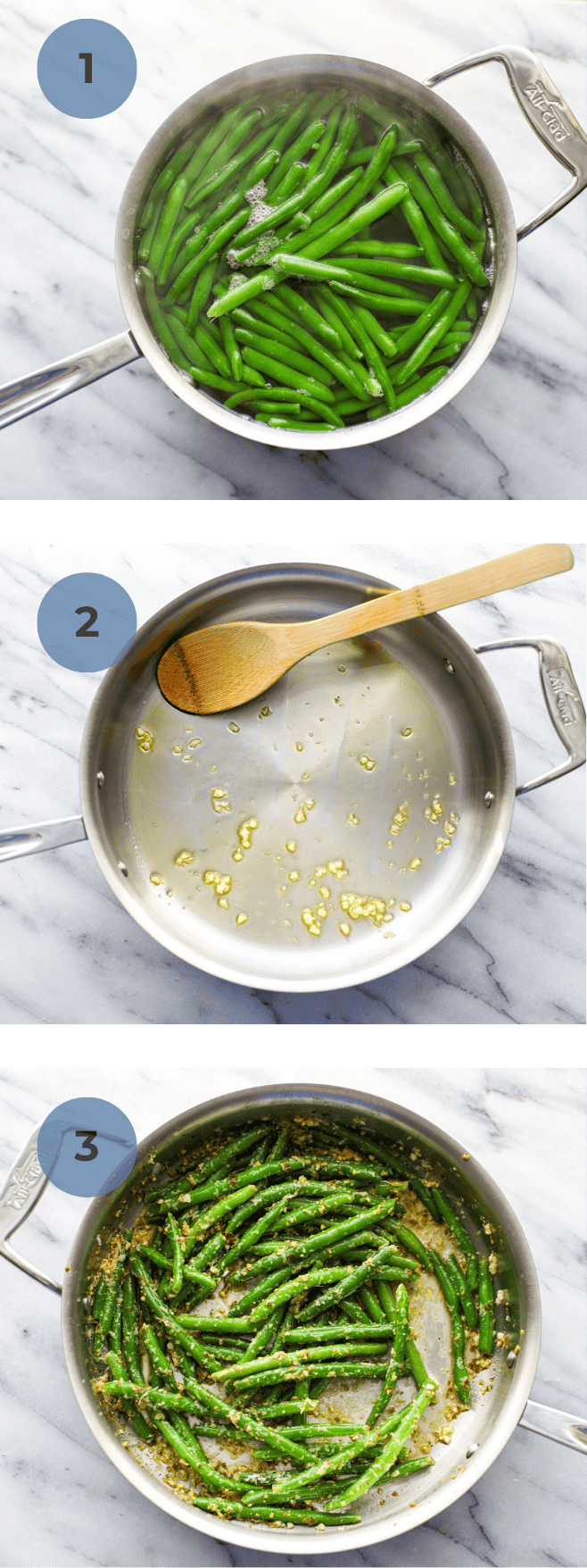 Green beans in boiling water, a large metal skillet with pieces of garlic, and a large skillet of green beans tossed with pesto showing how to make pesto green beans.