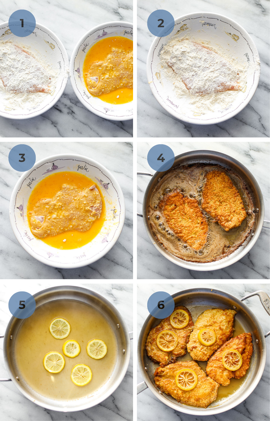 Bowls each of flour and scrambled egg, chicken cutlets cooking in a stainless steel pan, lemon slices add to the pan, and lemon slices placed on top of the chicken cutlets. 