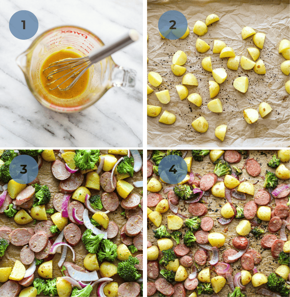 A pyrex measuring cup of the honey mustard dressing and the chicken sausage and veggies tossed together on a large lined sheet pan.