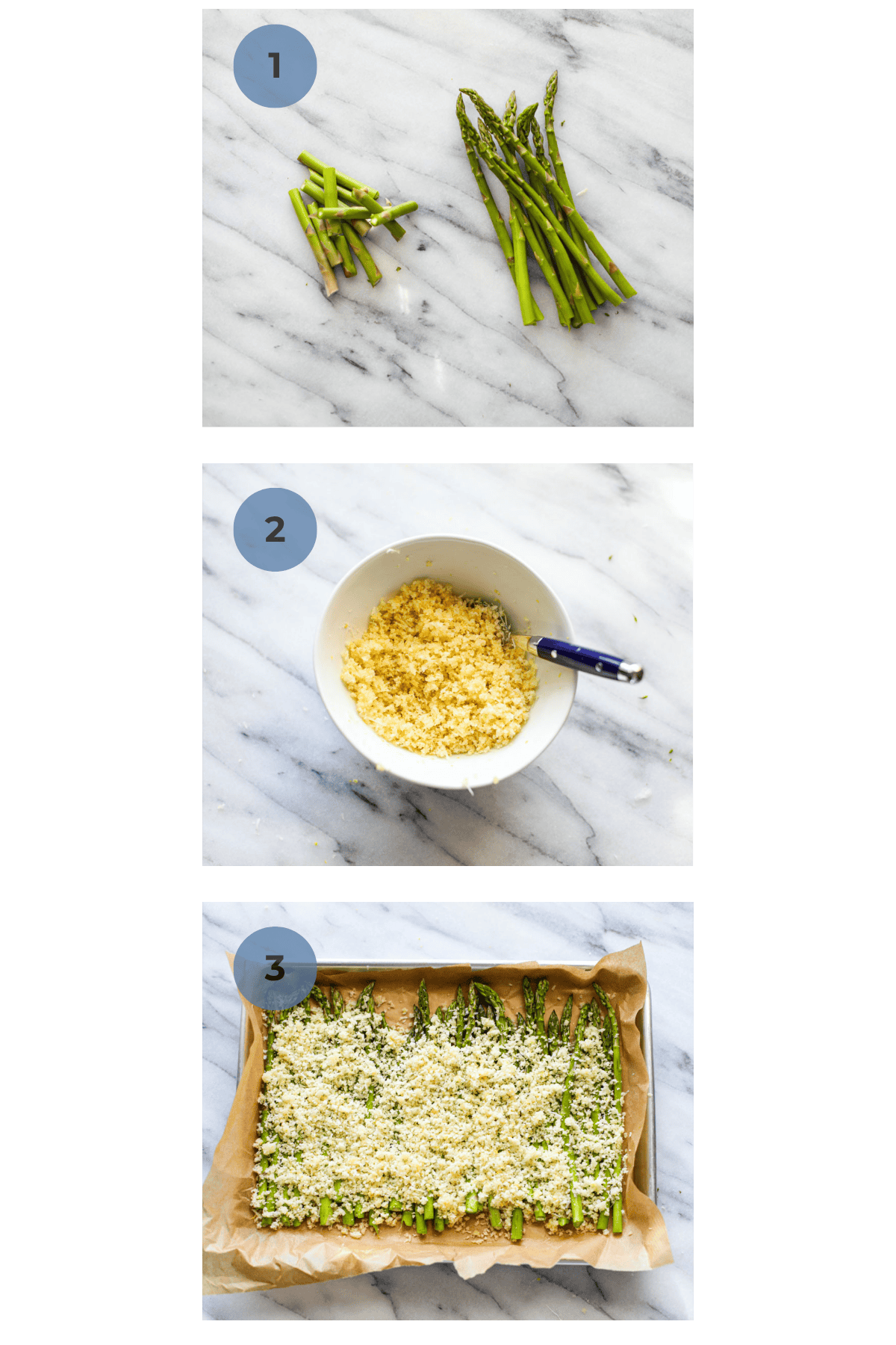 Trimmed asparagus, a bowl of breadcrumbs, and asparagus topped with breadcrumbs showing how to make lemon parmesan asparagus.