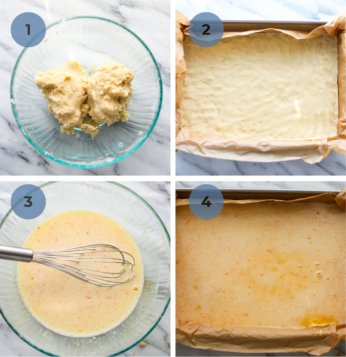 A glass bowl of mixed shortbread crust, then pressed into a pan with a glass bowl of orange filling being added on top of the crust. 