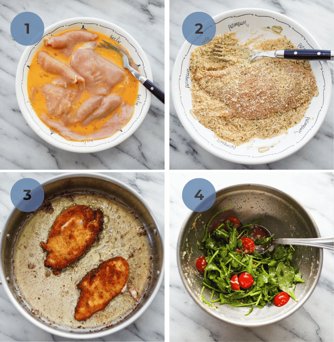 Steps to make chicken milanese graphic showing dipping the chicken in egg, breadcrumb, and then frying and combining the arugula side salad. 