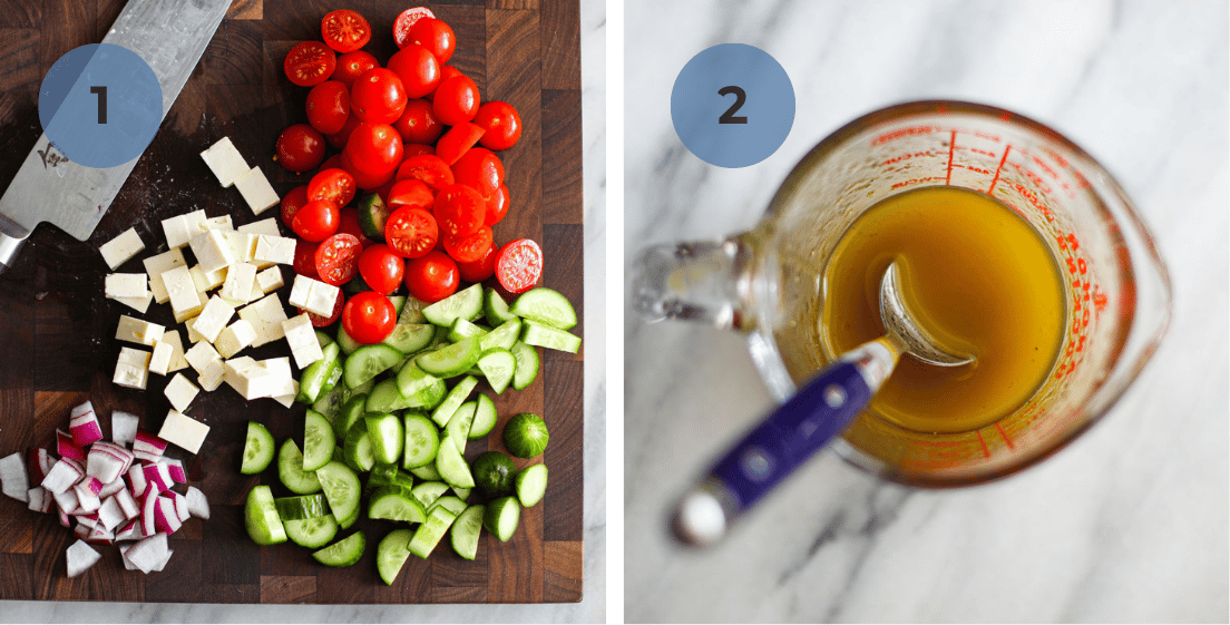 Chopped salad ingredients and the salad dressing in a pyrex bowl.