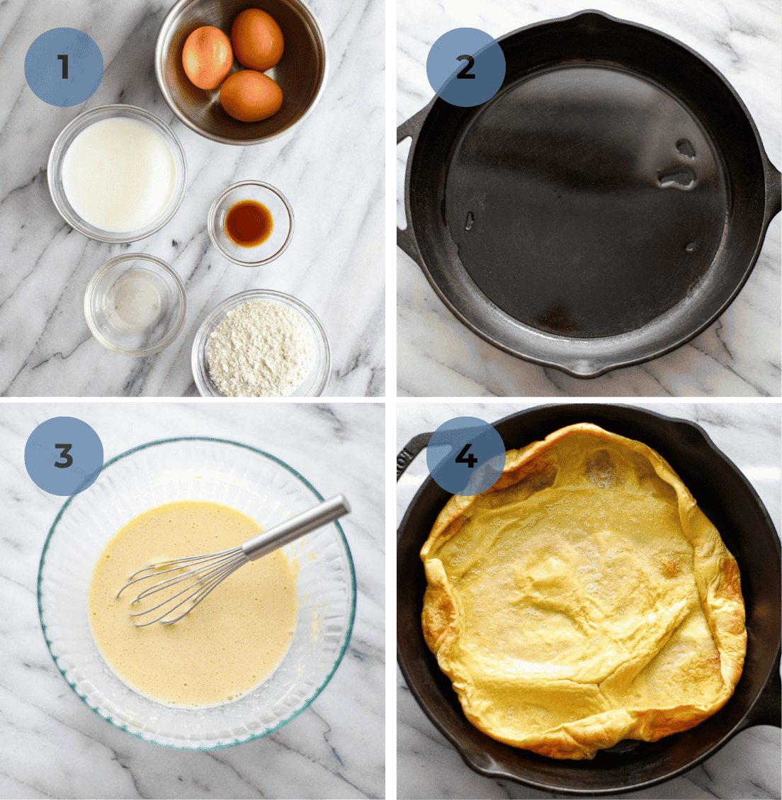 Instructional images of how to make a dutch baby recipe including mixing the batter, heating the pan, and baking the dutch baby