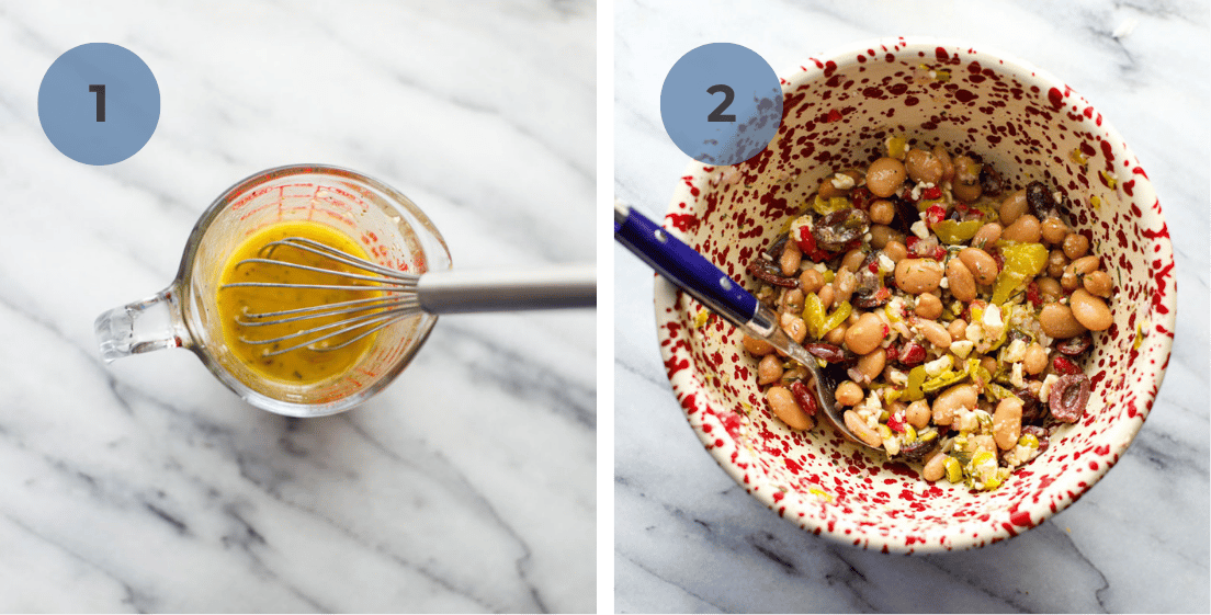 How to make images of whisking the dressing and combining all the ingredients in a bowl.