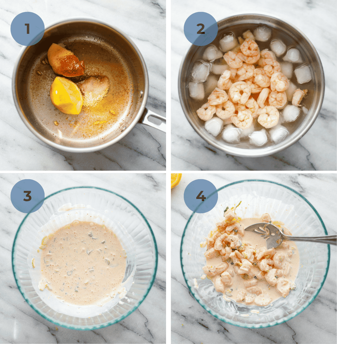 Instructions graphic on making shrimp rolls including cooking the shrimp, putting them in an ice bath, making the dressing, and adding the shrimp.