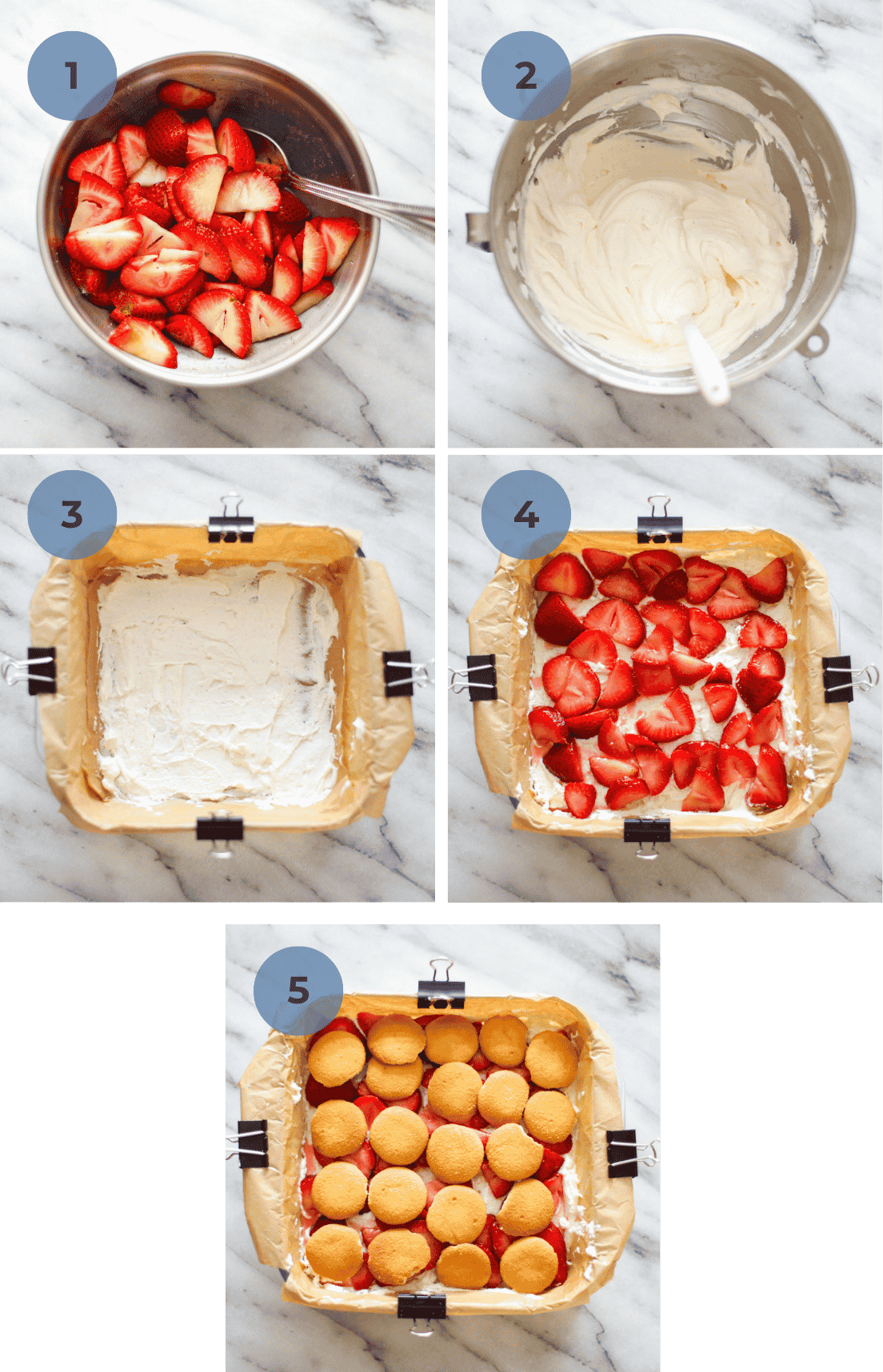 Step by step instruction photos on making strawberry shortcake icebox cake including macerating strawberries, making the whipped cream, and layering the cake.