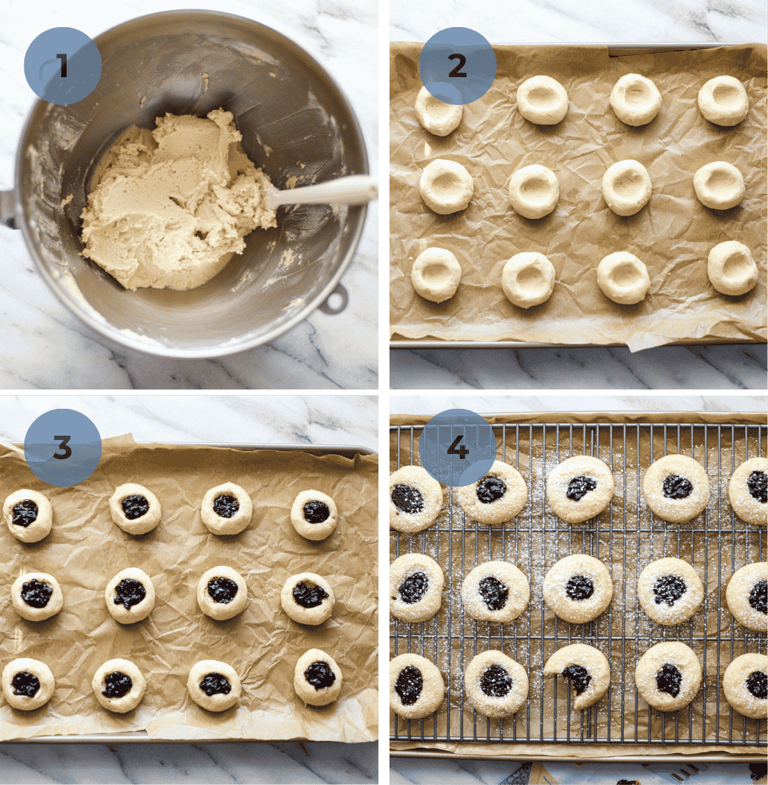 How to make graphic including mixing the dough, creating the dough balls with indentions, filling them with jam, baking them, then topping with powdered sugar.