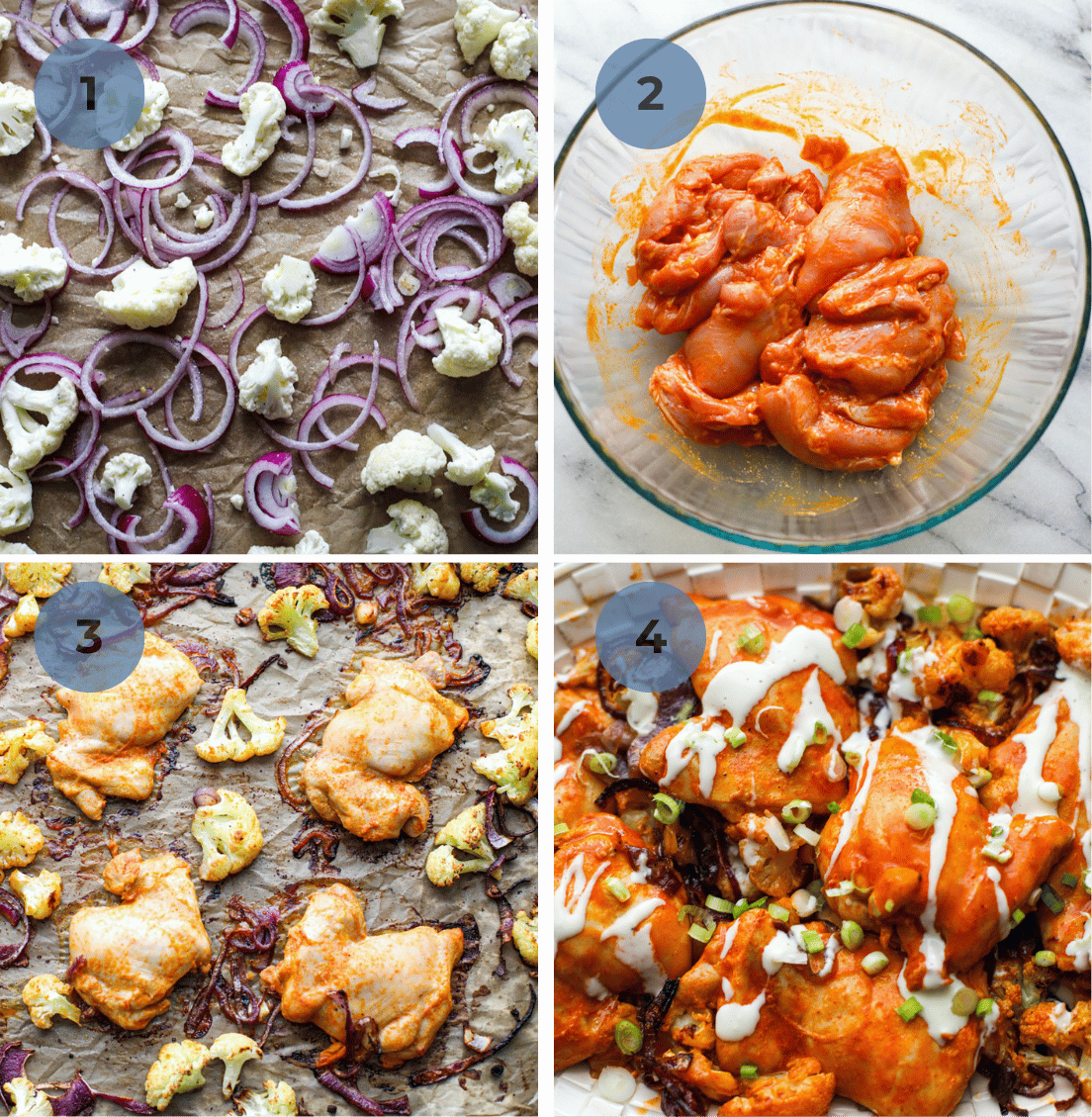 How to make buffalo chicken sheet pan dinner images including tossing the onion and cauliflower on the sheet pan, seasoning the chicken thighs, adding the chicken to the sheet pan, and the final plated version.