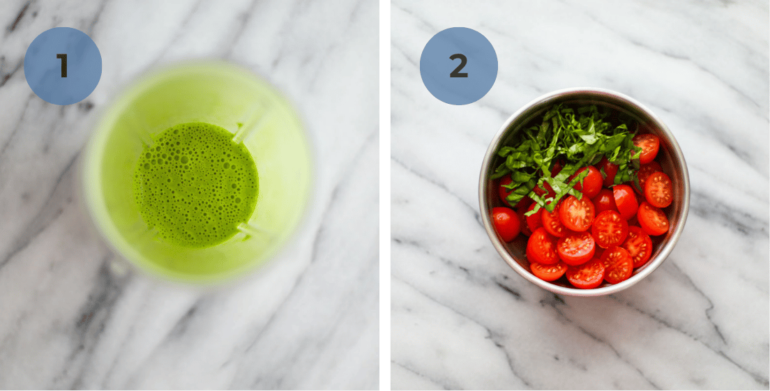 Dressing in a blender and a bowl of tomatoes and basil ribbons.