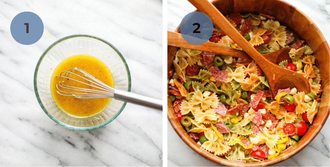 How to make classic pasta salad graphic with mixing the dressing and adding to the pasta salad in a bowl.
