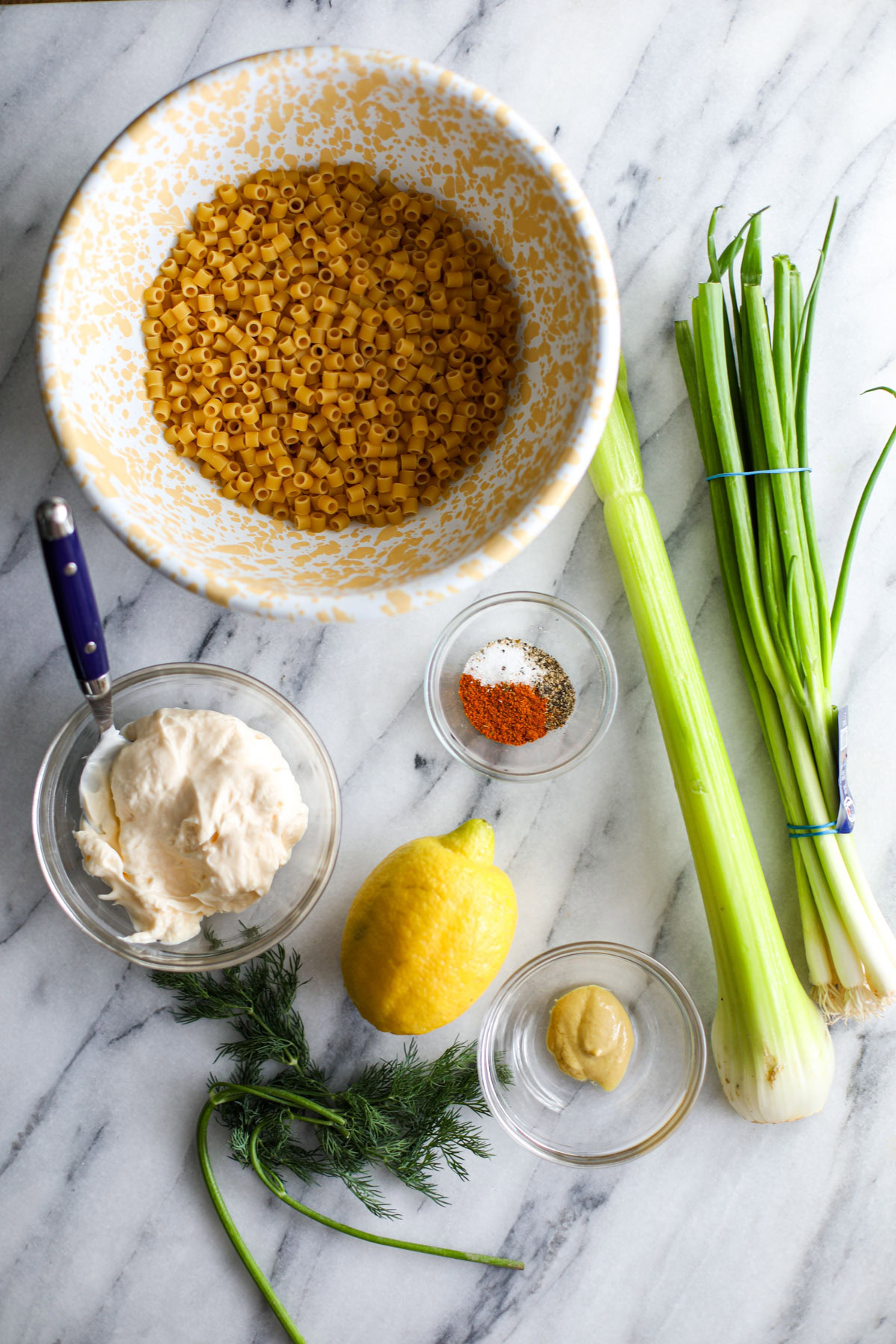 A bowl of pasta, glass bowls of mayonnaise, seasonings, lemon, dill, and green onion.