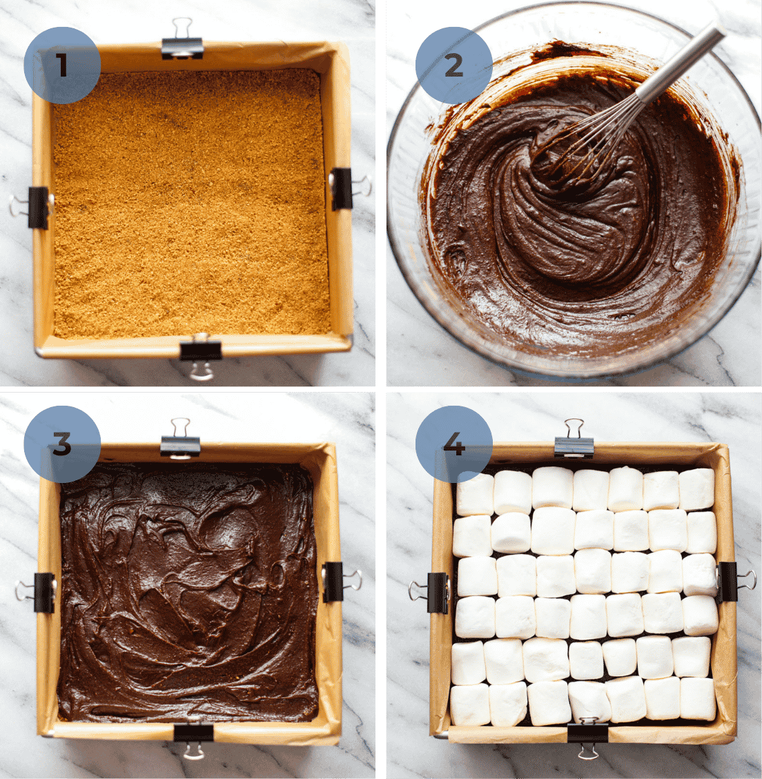 How to make smores brownies pictures including adding the crust, mixing the batter, adding the batter to the dish, and topping with marshmallows.