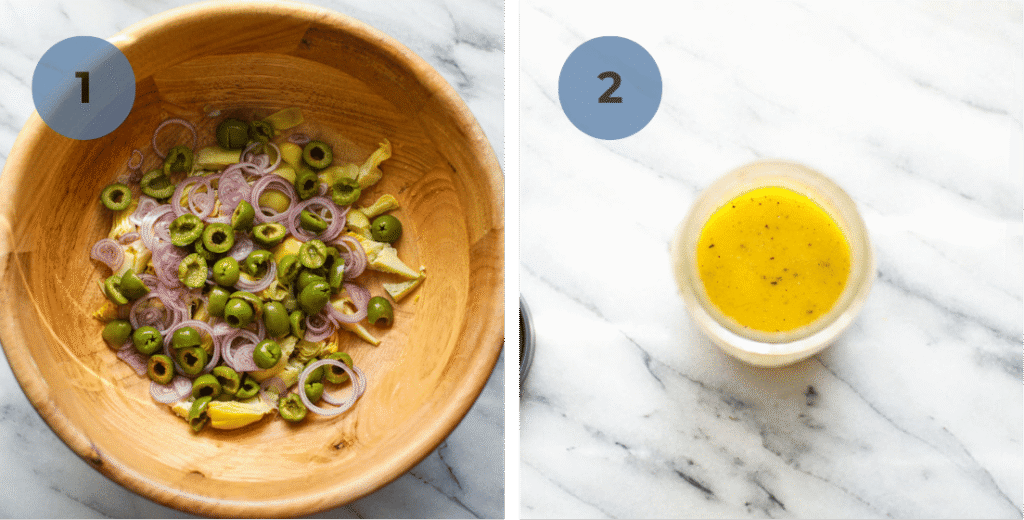 A bowl of artichoke salad and a container of dressing showing how to make artichoke salad.