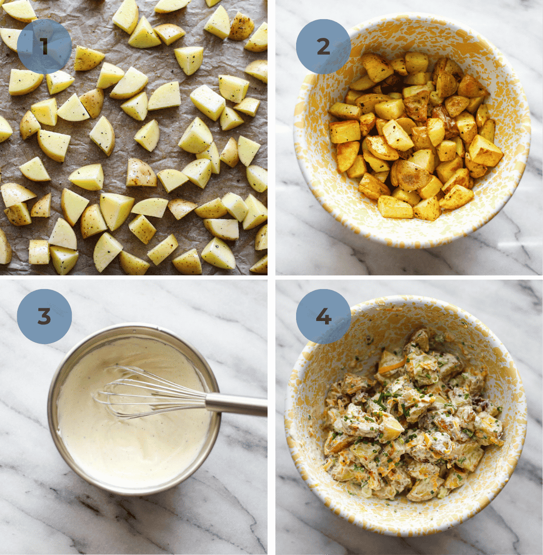 How to make baked potato salad graphic including roasting potatoes, mixing the dressing, and combining everything.