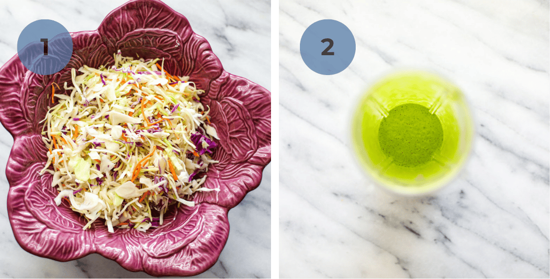 A bowl of coleslaw mix and a blender container of cilantro lime dressing.