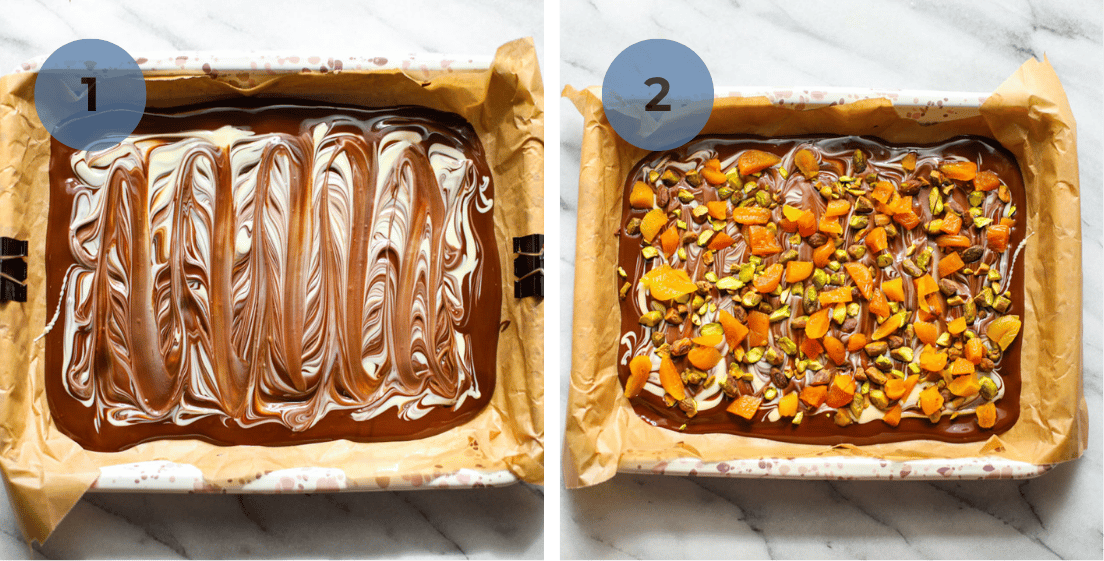 White and dark marbled chocolate and added chopped pistachios and apricots.