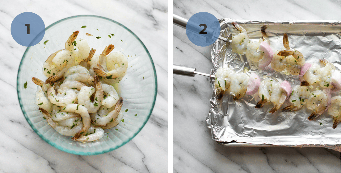 A bowl of marinated shrimp and two skewers of shrimp and shallots.
