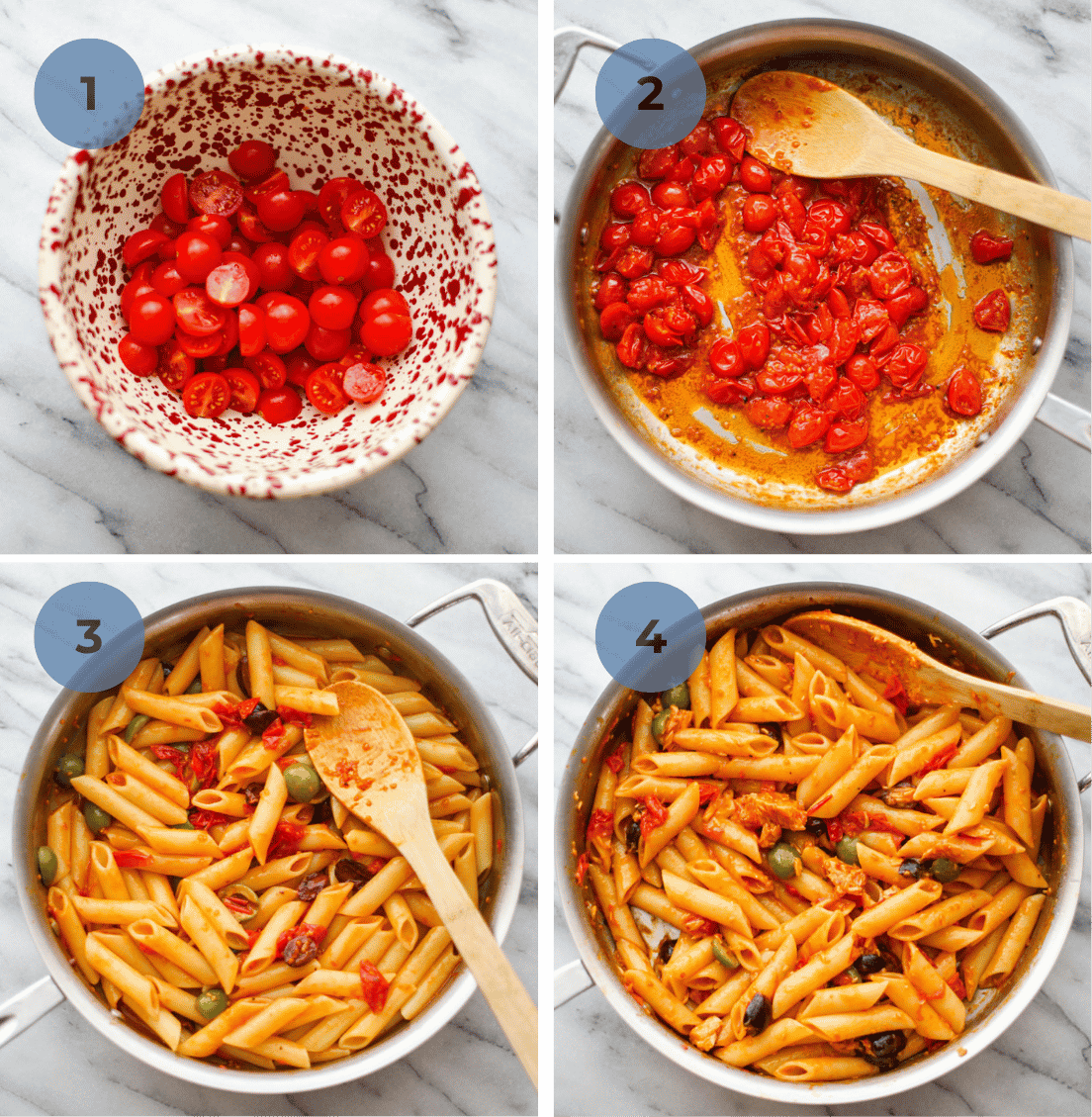 How to make canned tuna pasta graphic including slicing the tomatoes, cooking them down, adding pasta and olives, and finally adding in the tuna.
