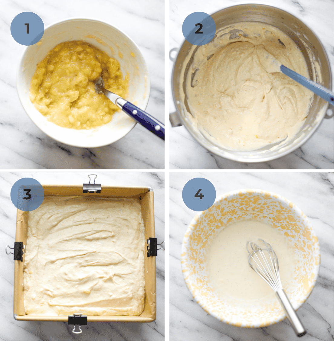 Mashed banana in a bowl, batter mixed together, cake in the baking dish, and frosting in a white and yellow bowl.