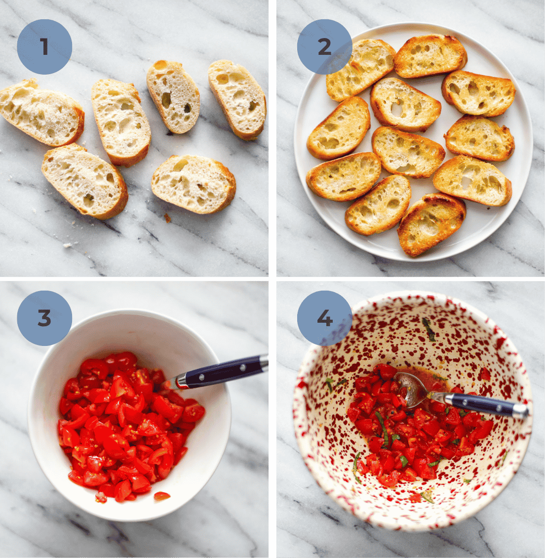 Sliced toasts, buttered and toasted, and tomatoes mixed together with the remaining ingredients in a bowl.
