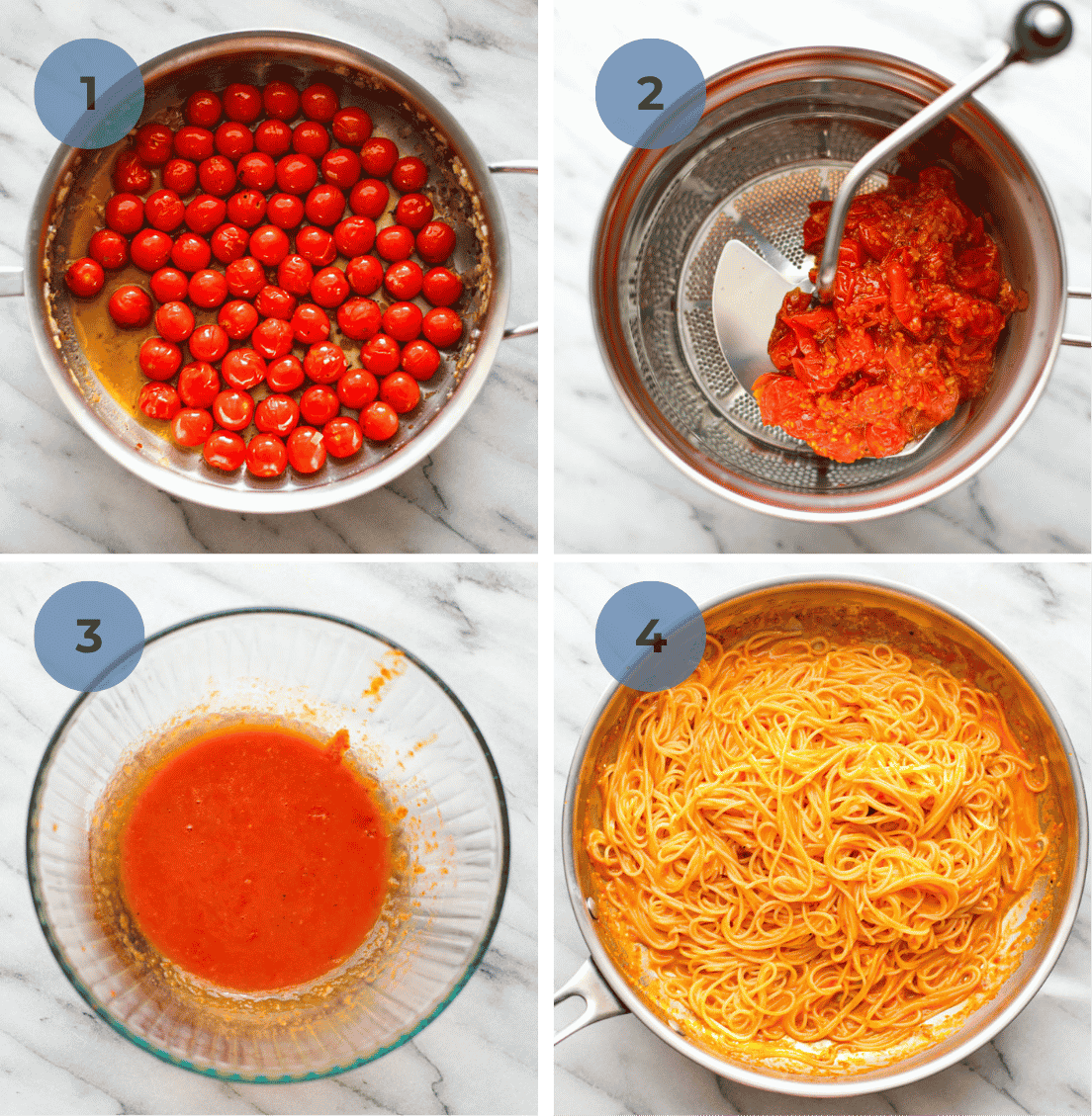 Whole cherry tomatoes in a skillet, then added to a food mill leaving a silky sauce that is tossed with pasta.