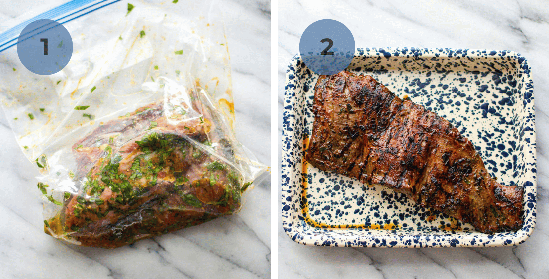 A bag of marinated skirt steak and a tray of the steak after it's grilled.