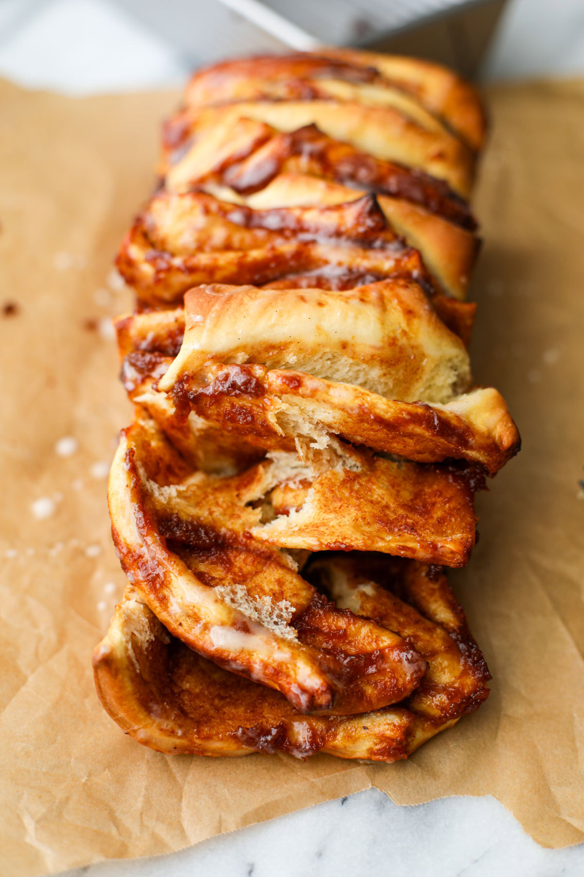 Apple butter pull apart loaf on parchment paper.