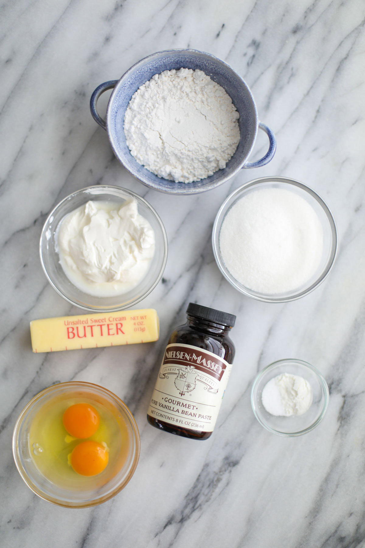 Cake ingredients laid out in bowls.