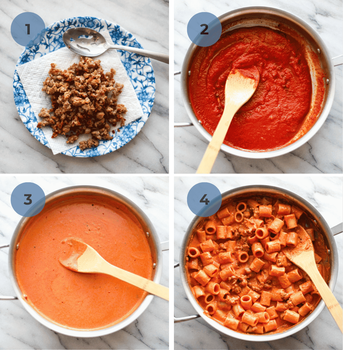 Steps to make the sausage rigatoni.