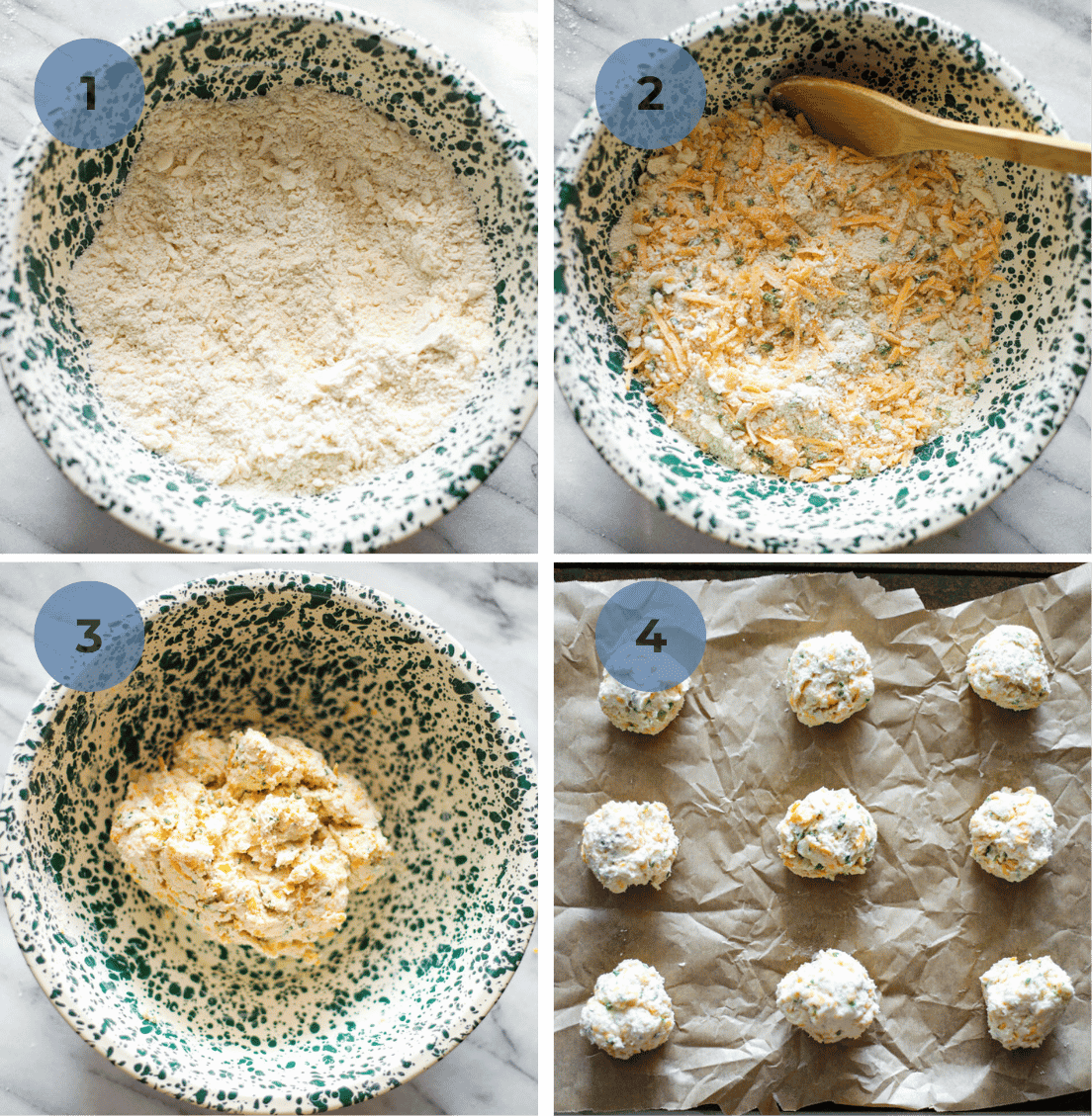 Step-by-step process for making cheddar chive drop biscuits.