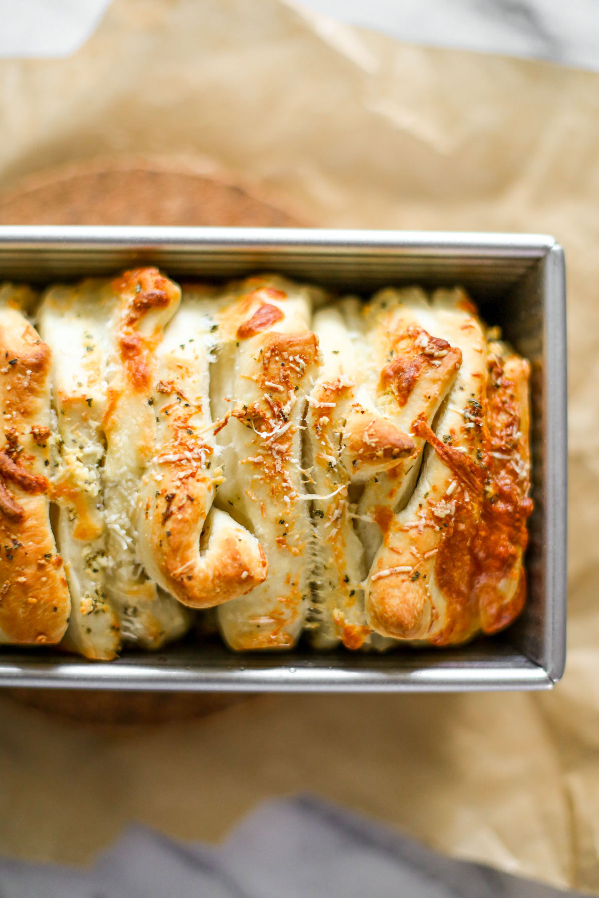 Garlic pull apart loaf baked in a 9x5 loaf pan