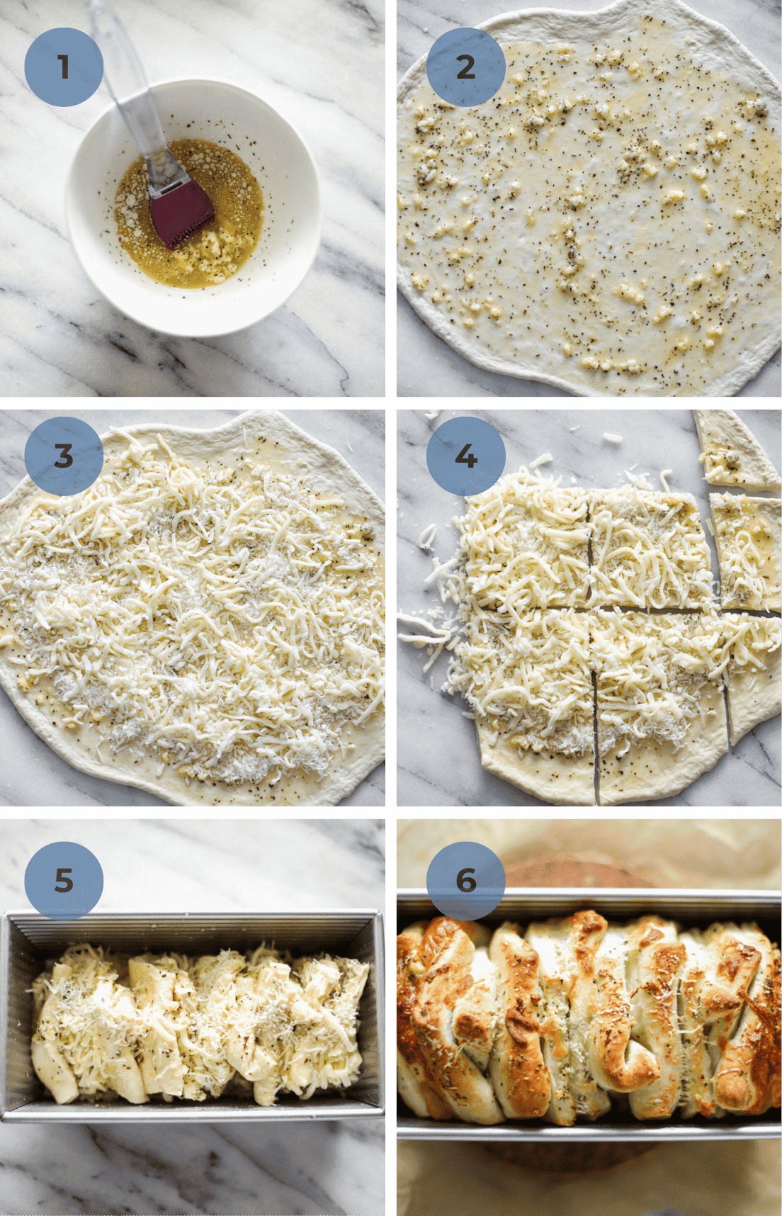 Step-by-step photos of making garlic pull apart bread with pizza dough, from rolling and filling to stacking in a loaf pan