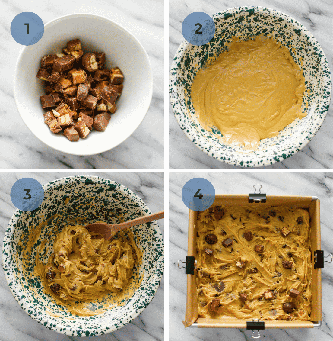 Step-by-step photos of making leftover Halloween candy cookie bars, from mixing the dough to pressing candy on top.