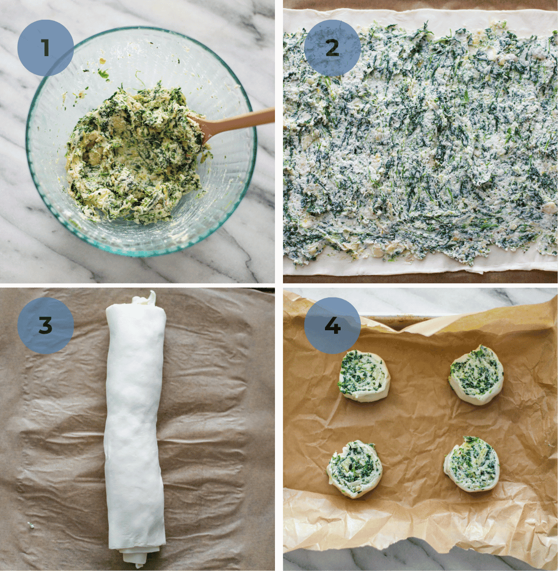 Step-by-step collage showing how to make spinach and artichoke pinwheels, from spreading the filling to slicing the log.